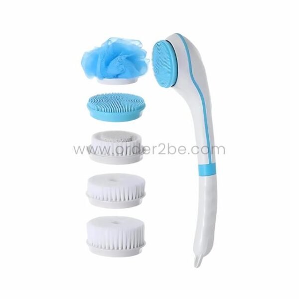 White and blue electric shower brush with five detachable brush heads stacked vertically, including silicone and foaming options.