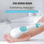 Woman exfoliating her foot with electric shower brush fitted with a microdermabrasion head.
