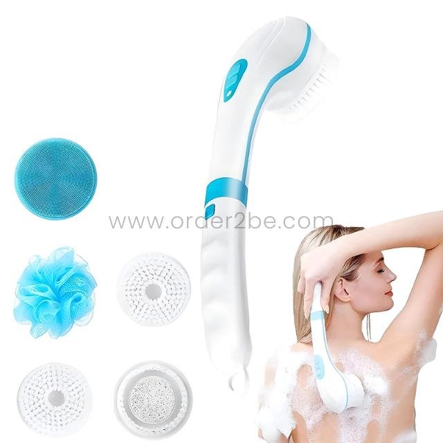 Rechargeable exfoliating shower brush set in white and blue with five interchangeable silicone heads, shown next to a woman cleaning her back.
