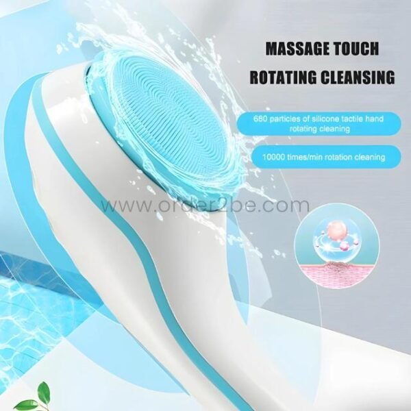Close-up of silicone rotating brush head with water splashing, showing high-speed 10,000 RPM motion.