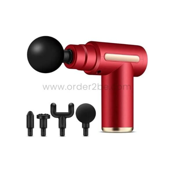 Red portable fascial massage gun with four heads on clean white background.