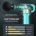 Quiet motor inside portable fascial massage gun with noise comparison chart.