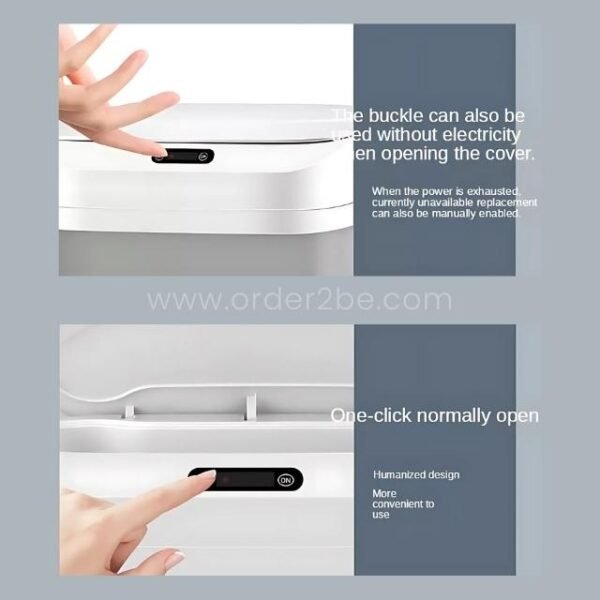 A finger presses the manual open button on the lid of the touchless trash can.