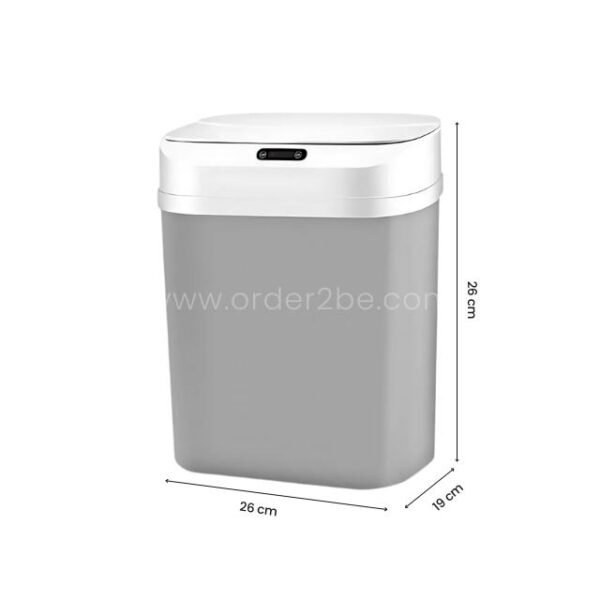 A graphic showing the smart trash can's dimensions: 26cm height, 26cm width, and 18cm depth.