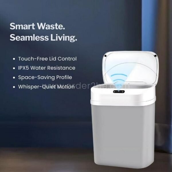 The lid of an automatic garbage can opens instantly in response to a hand waving over its infrared sensor.