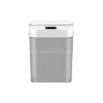 Smart touch-free trash can with a matte gray body and white lid on a clean background.