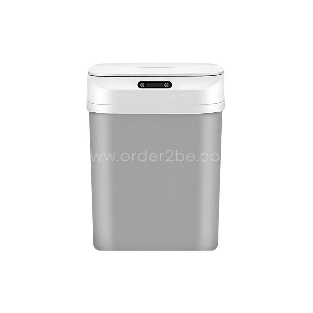 Smart touch-free trash can with a matte gray body and white lid on a clean background.