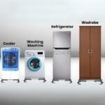 Rolling fridge trolley and washer stand holding a cooler, washing machine, refrigerator, and wardrobe.