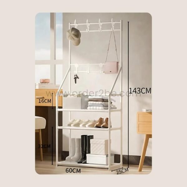 White entryway shoe rack with dimensions 143cm H × 60cm W × 25cm D in minimalist home.