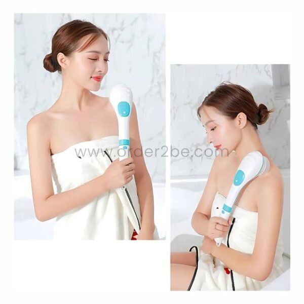 Woman holding electric bath brush in front and side views while wrapped in a towel.