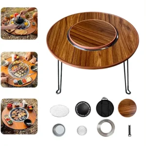 Rustic Wood & Carbon Portable Grill – Integrated Side Table Station