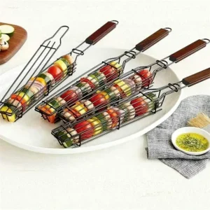 Non-Stick Kebab Grill Baskets (4-Pack) – Carbon Steel Skewer Cages with Rosewood Handles