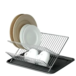 Folding 2-Tier Dish Drying Rack – X-Shaped Metal Dish Drainer with Drip Tray