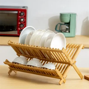 Bamboo Dish Drying Rack – Folding 2-Tier Wood Dish Drainer for Kitchen