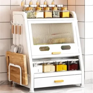 Carbon Steel Kitchen Cabinet Spice Rack – Dustproof Countertop Organizer with Fluted Magnetic Door